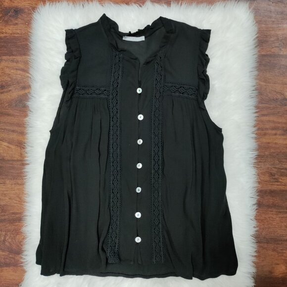 Made in Italy Whimsy Boho Black Lace Trim Ruffle Button Up Sleeve Blouse - Picture 5 of 10